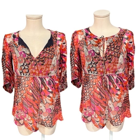 Monsoon Silk Multi Pattern Colorful Blouse with Ties - Picture 1 of 14